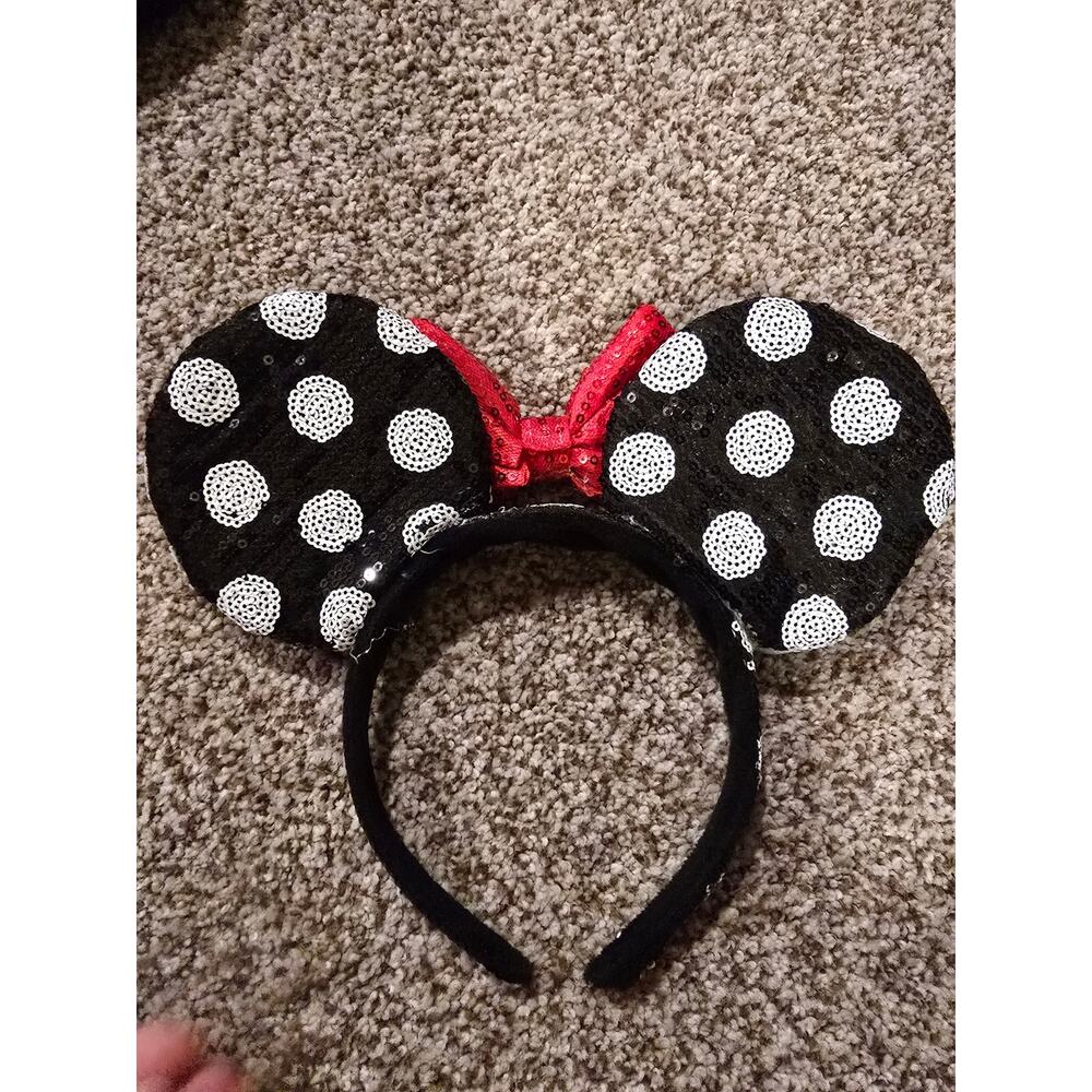 Black Polka Dot Sequin Minnie Mouse Ears Headband - Picture 2 of 2